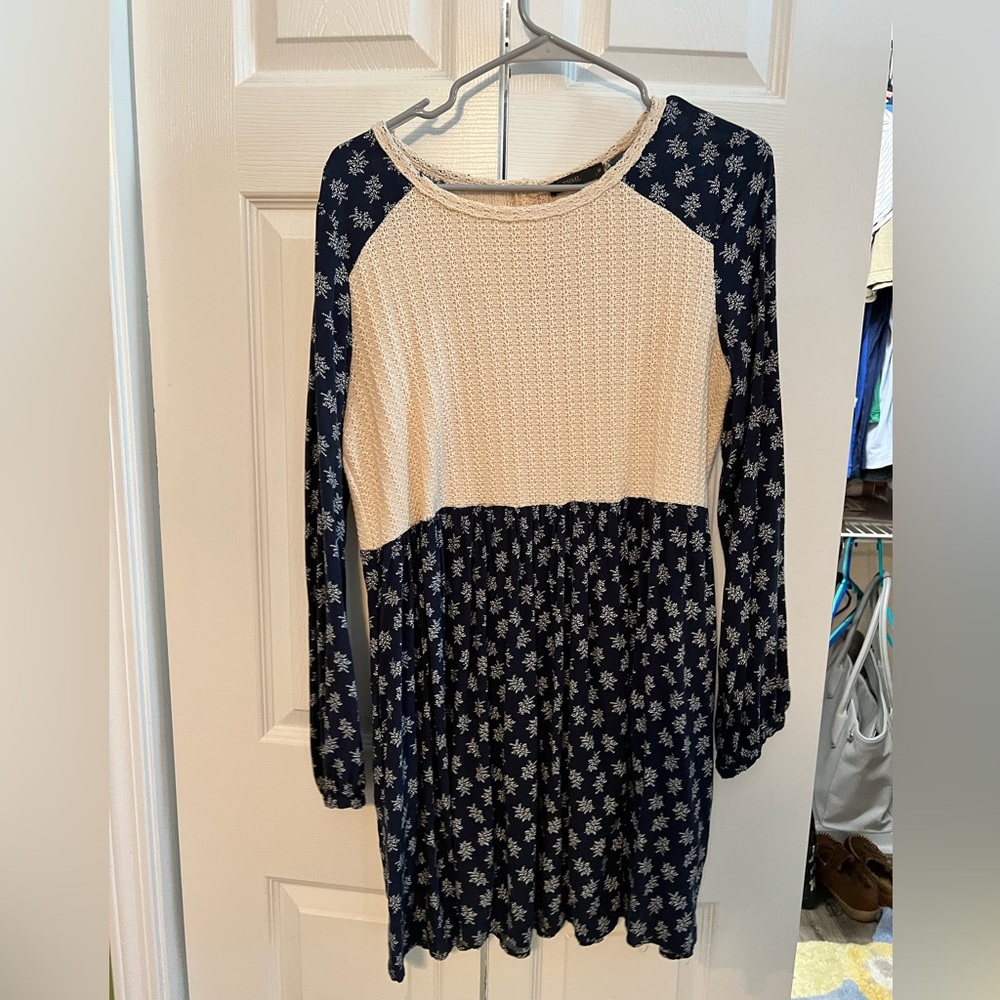 THML Mixed Media Babydoll Knit Floral Blue & Cream Long Sleeve Mini Dress